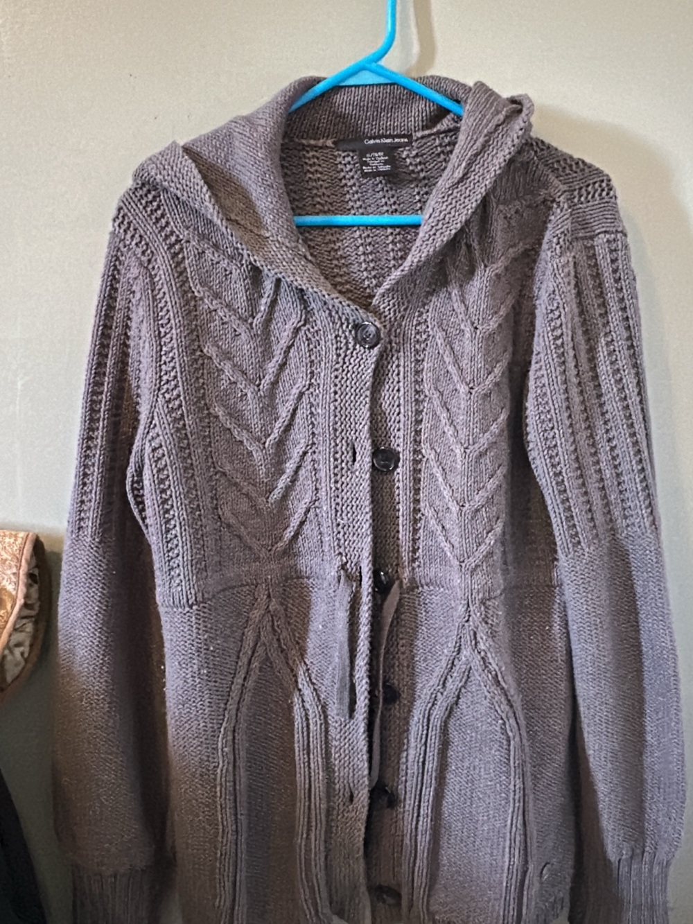 XL CALVIN KLEIN Cable-Knit Hooded Cardigan Sweater - Gray with hoodie